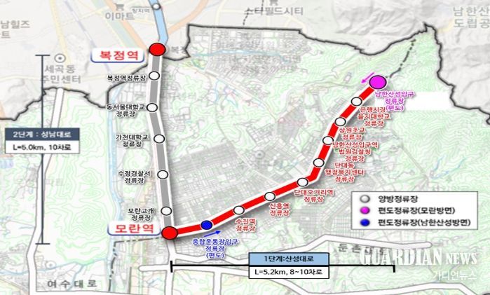 성남~복정 광역BRT 구축사업(1단계 산성대로) 위치도
